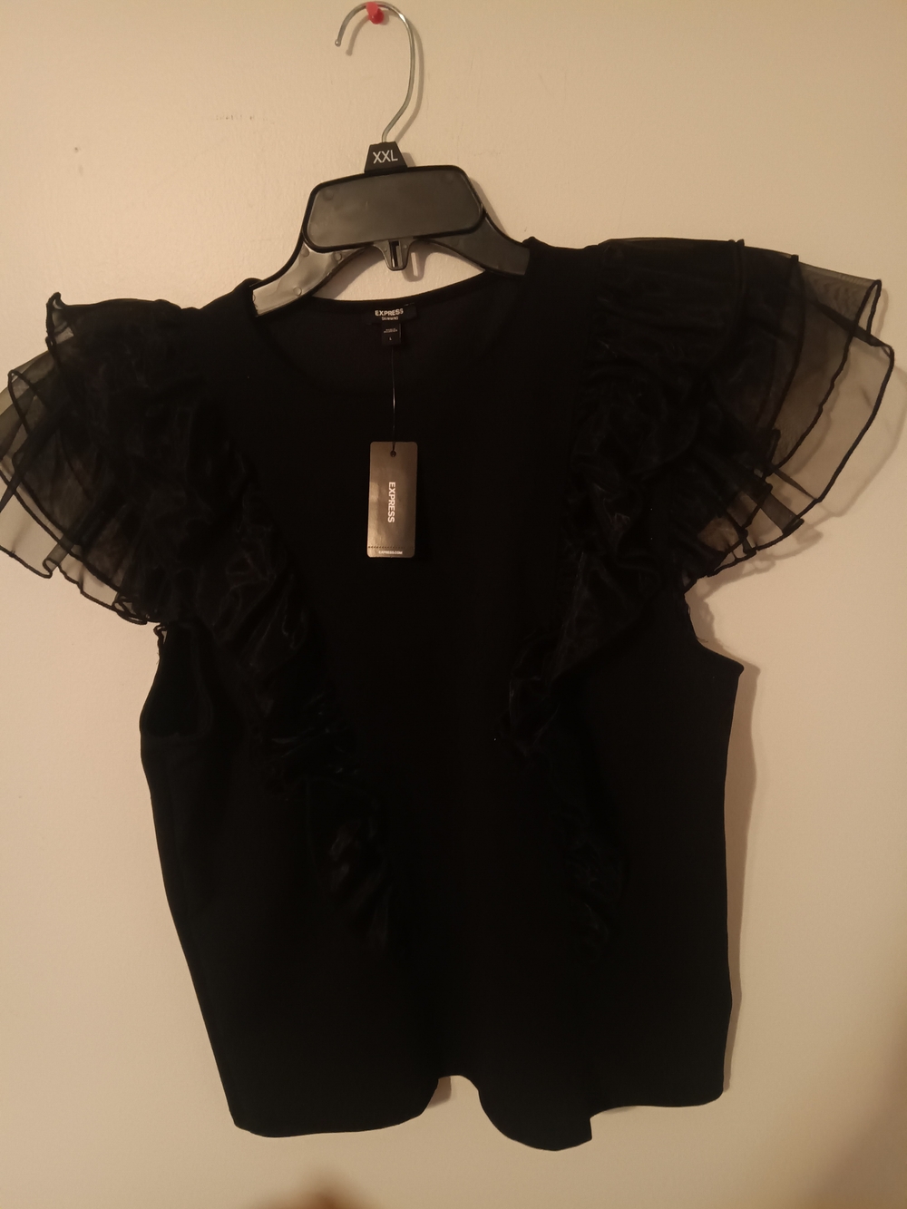 Express Black Ruffle Mesh Sleeve Top